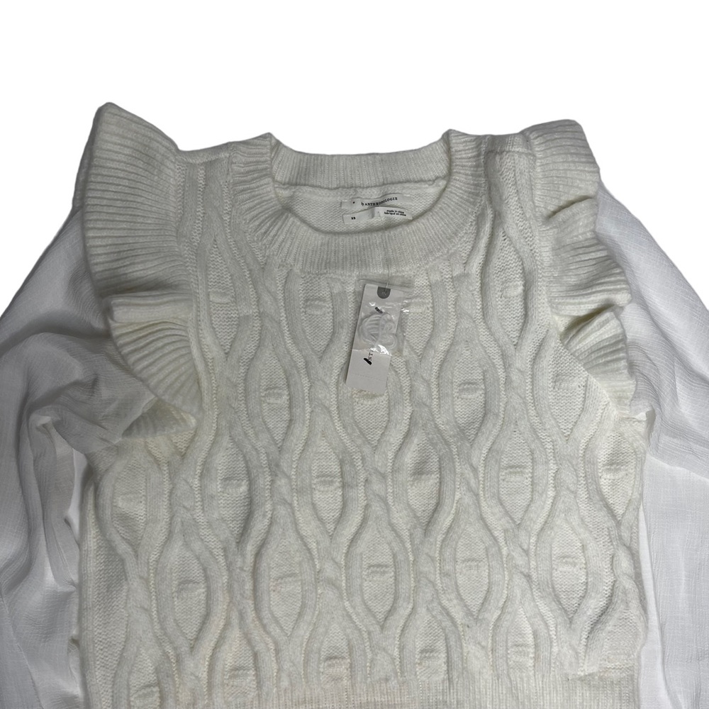 NWT Anthropologie White Ruffled Knit Puff Sleeve Sweater xs - Picture 9 of 14